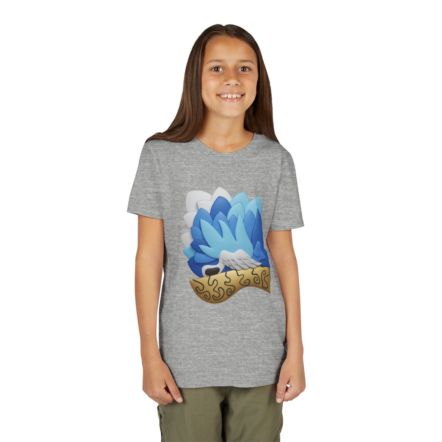 Camiseta juvenil — Camiseta gráfica azul con plumas