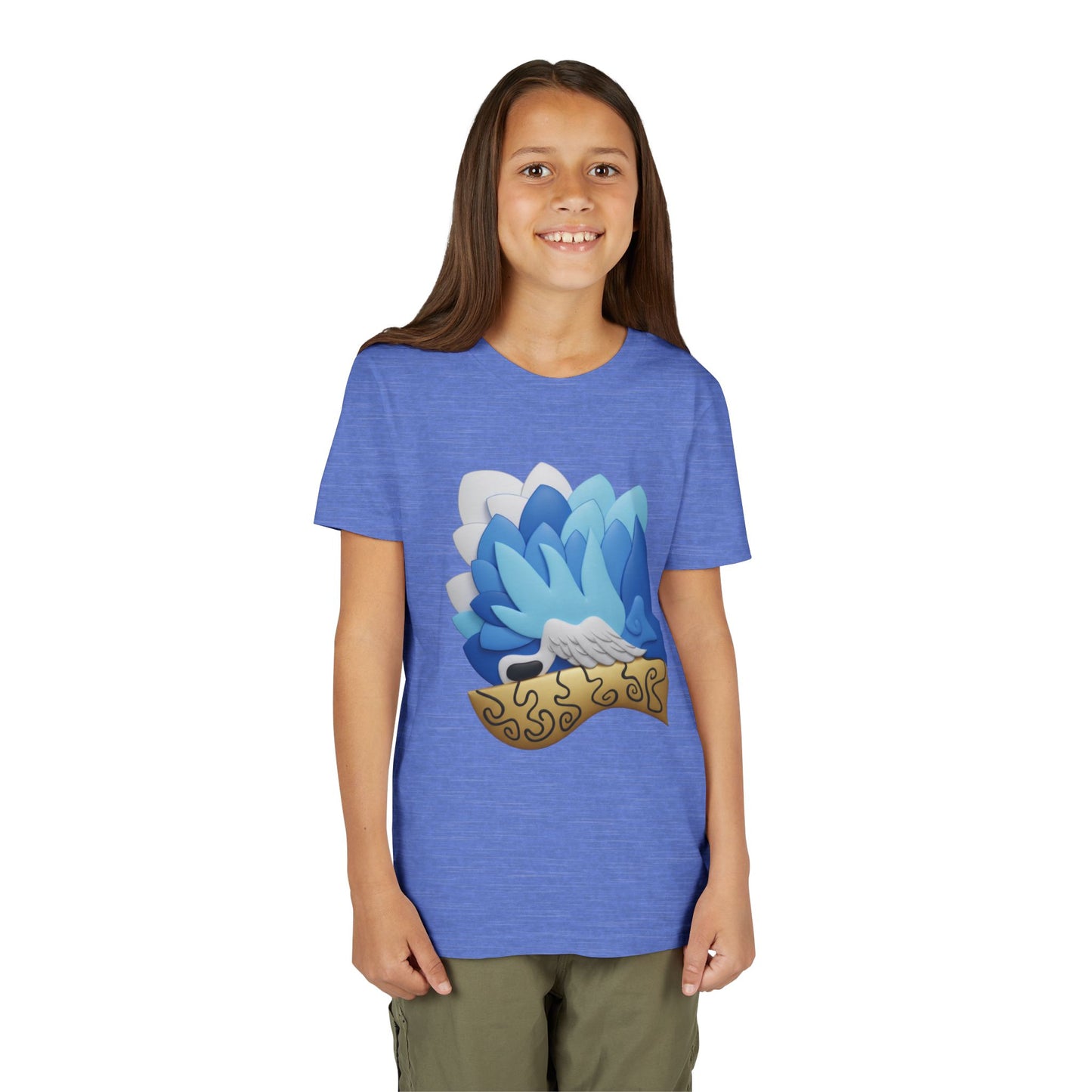 Camiseta juvenil — Camiseta gráfica azul con plumas