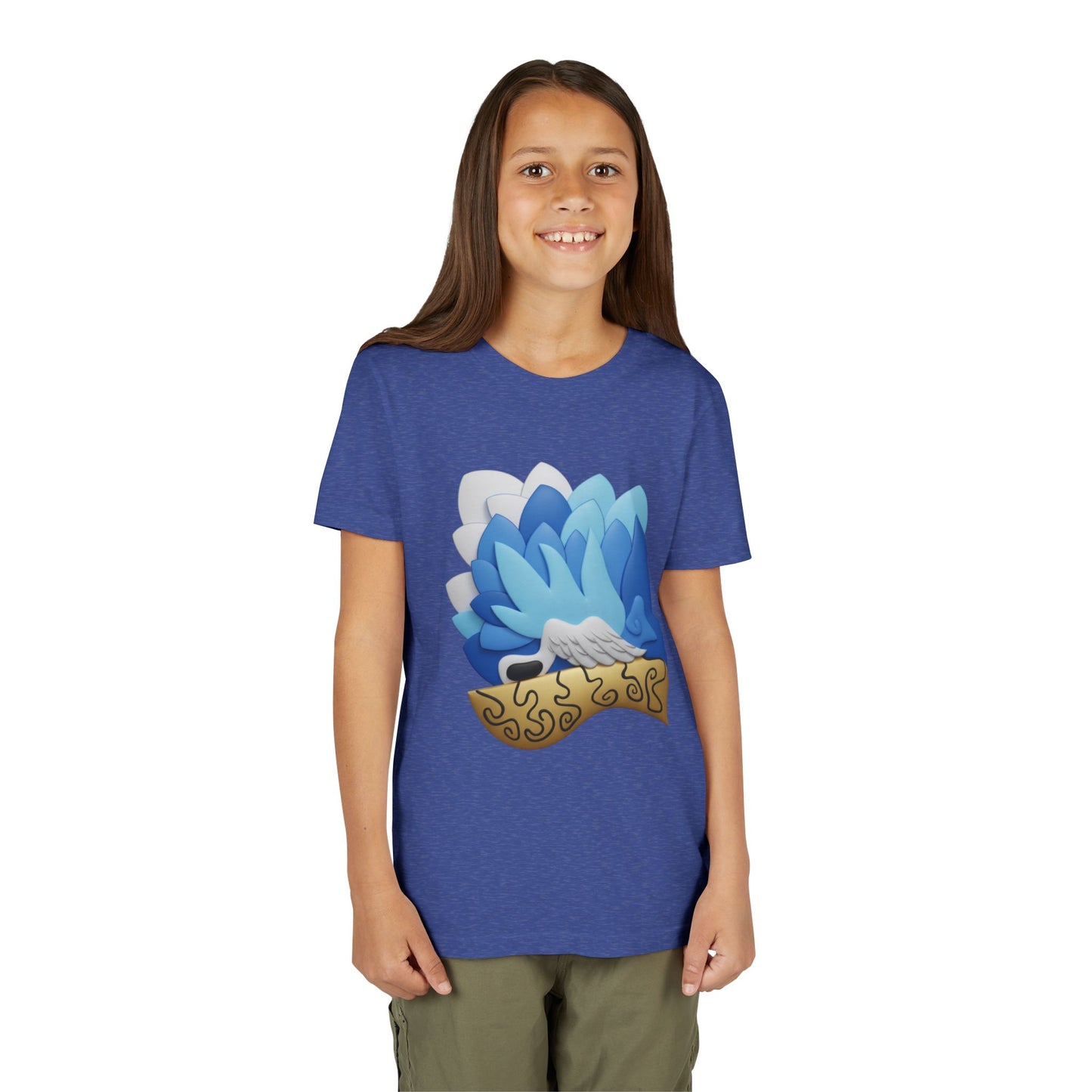 Camiseta juvenil — Camiseta gráfica azul con plumas